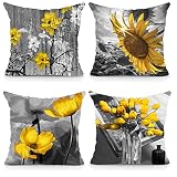 Okasion Set of 4 18x18 Flower Throw Pillow Covers Yellow Gray Black Decorative Pillow Covers Bed Sof