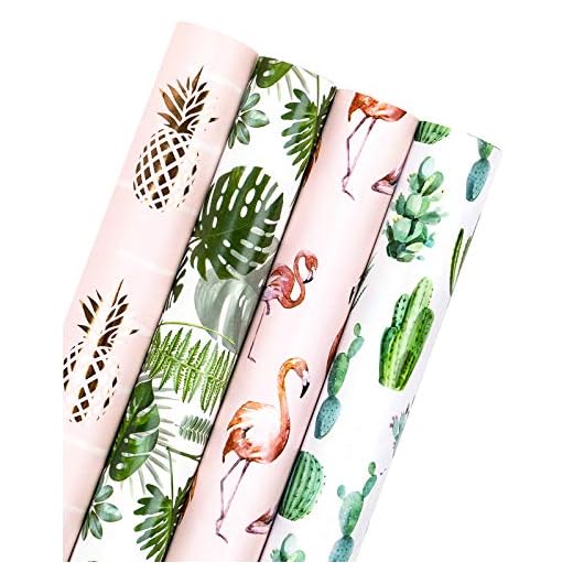 WRAPAHOLIC Wrapping Paper Roll - Flamingo/Cactus/Pineapple/Banana Leaf Design for Wedding, Birthday, Holiday, Baby Shower - 4 Rolls - 30 Inch X 120 Inch Per Roll