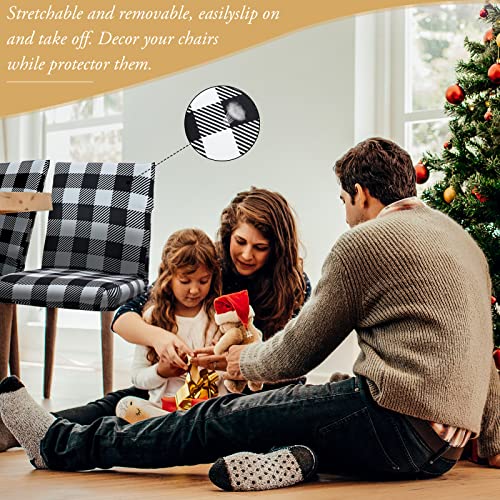 4 Pieces Christmas Buffalo Plaid Chair Covers Stretch Spandex Check Chair Slipcovers Black And White Removable Dining Chair Covers Gingham Kitchen Seat Protector For Dining Banquet Party Decorations #TOP4