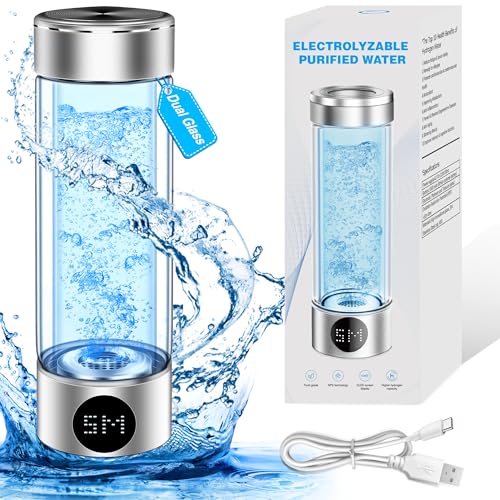 Newest Hydrogen Water Bottle, Ion Hydrogen Water Bottle Generator, Pure Water Electrolysis, Double Glass, Power Display, Electrolysis Timer, for Office, Travel, Gift for Love, Silver