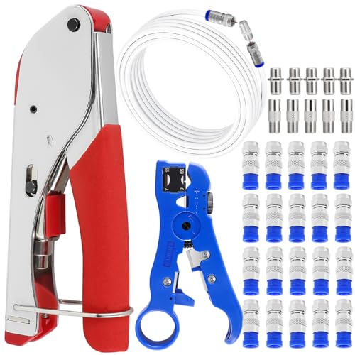 Kit di Crimpatrici per Cavi Coassiali,Pinza Spelafili con Cavo TV RG6 e 20 F RG6,Pinza Crimpatrice Cavo Coassiale per STB,Dish TV,Satellite,Cavo Coassiale per Antenna