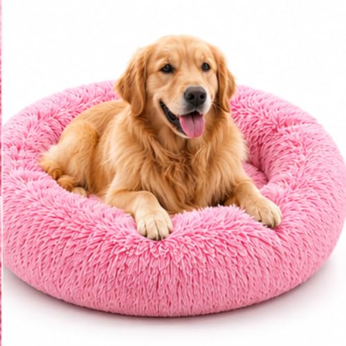 Image of Calming Pet Bed for Dogs & Cats, Round Donut Dog Bed, Soft Faux Fur Plush Cushion, Supportive Bolster Edges, Reversible Dual-Side Comfort, Washable Pet Sleeping Bed, Pink, Small