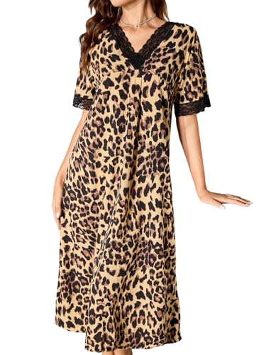 GORGLITTER Nachthemd Damen Kurzarm Leoprint Nachtkleid mit Spitze Midikleid V Ausschnitt Schlafshirt Nachtwäsche Sleepshirt Leoparden M