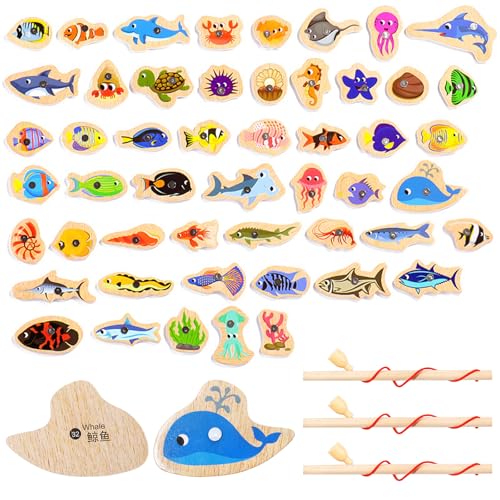 Sxutop 54 Pièces Jeu de Pêche Magnétique Amusant Jouet de Pêche AVCE Poisson en Bois dans Différents Motifs 3 Canne à Peche Magnétiques en Bois Peche a...
