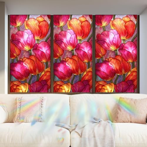 Image of Nuxovilar Gothic Rainbow Pink Tulip Pattern Window Film 17.5x39.3 PVC | Pink Tulip, Gothic Cling spring flower sticker, rainbow glass wrap for bedroom living room dining area (Pink Tulip)