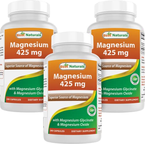 Best Naturals Magnesium 425 mg 180 Veggie Capsules - High Absorption Magnesium Glycinate & Magnesium Oxide Chelated, Non-GMO, Gluten Free Muscle Relax (180 Count (Pack of 3))