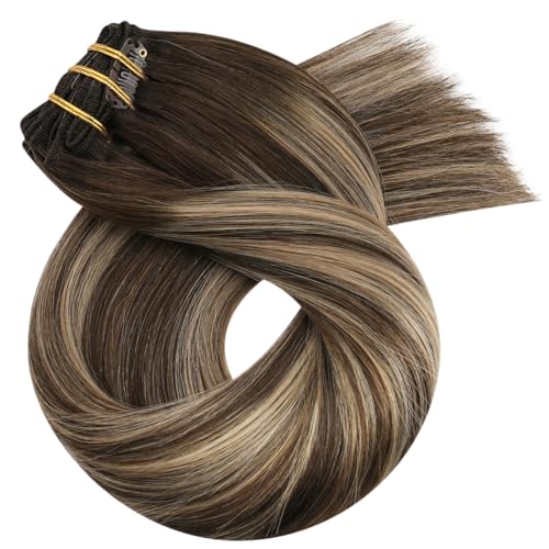 Image of Moresoo Balayage Clip in Hair Extensions Real Human Hair Ombre Brown to Blonde Hair Extensions Clip ins Short Straight for Women Different Batches 14 Inch 80g /5pcs