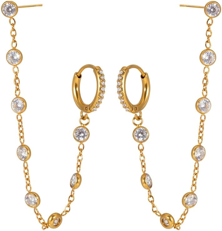 Double Piercing Chain Dangle Drop Round CZ Cartilage Stud Small Hoop Cuff Earrings for Women Titanium Steel Gold Plated Colorful Crystal Crawler Threader Tassel Two Holes Trendy Jewelry