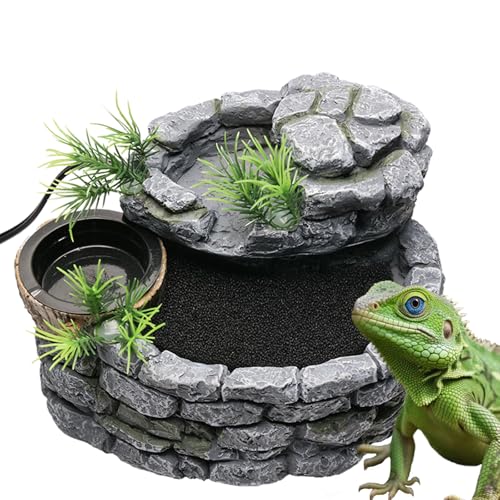 Creepet Reptile Water Fountain with Food Dish, 500ML Terrarium Waterfall Drinking Fountain Reptile Water Dispenser, Natural Resin,for Bearded Dragon Gecko Chameleon Lizard Tree Frog Turtle