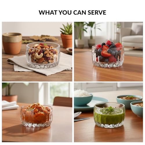 Image of Nestasia Small Glass Chutney Bowls Set of 6 (160ml Each) - Heat Resistant & Chip Resistant Ice Cream Bowls for Dips, Sauce & Pickles | Cyrstal Cut Transparent Katori with Gift Box - Ideal for Gifting