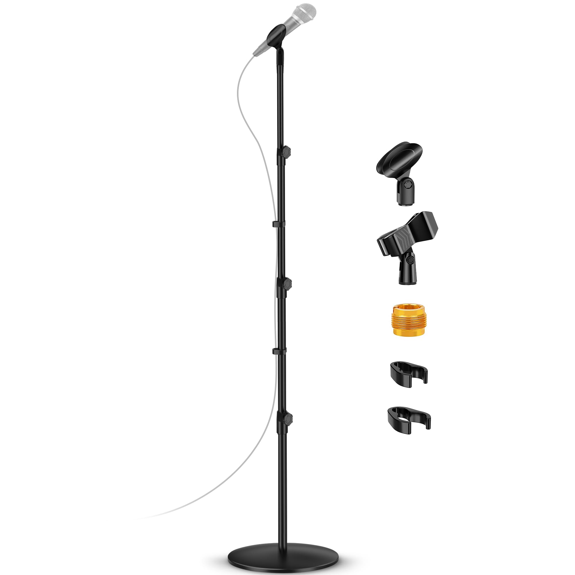 Round Base Microphone Stand, Bietrun Heavy Duty Adjustable Metal Mic Floor Stand for Singing/Church/Stage with 2 Universal Mic Clip, 3/8'' to 5/8''Adapter, for Shure SM7B/SM58/Samson Q2U/Podmic More