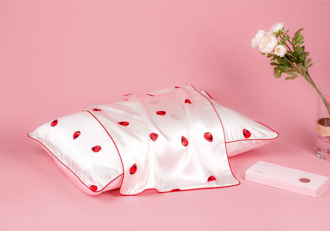 THXSILK Mulberry Silk Pillowcase with Tencel Underside for Hair and Skin, 1 Pcs Luxury 19 Momme Mulberry Silk Pillow Cases with Hidden Zipper Closure, Queen, Strawberry-White
