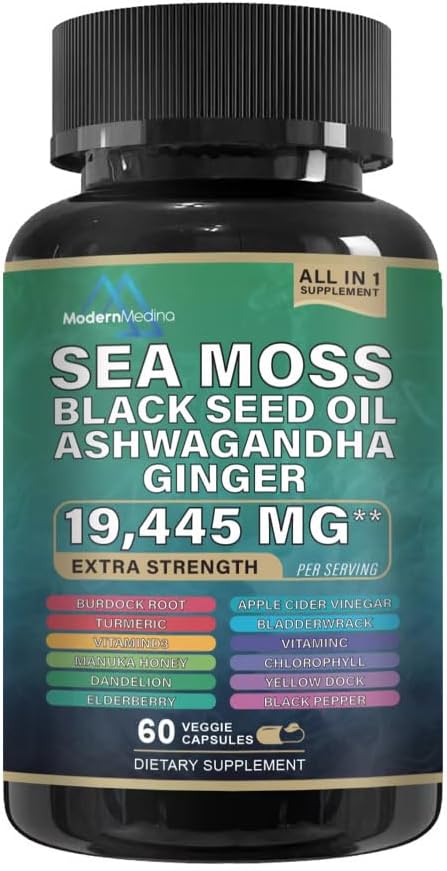 All-in-One Herbal Supplement Capsules | Sea Moss, Black Seed Oil, Ashwagandha & Ginger | 19,445 mg per Serving | 60 Capsules