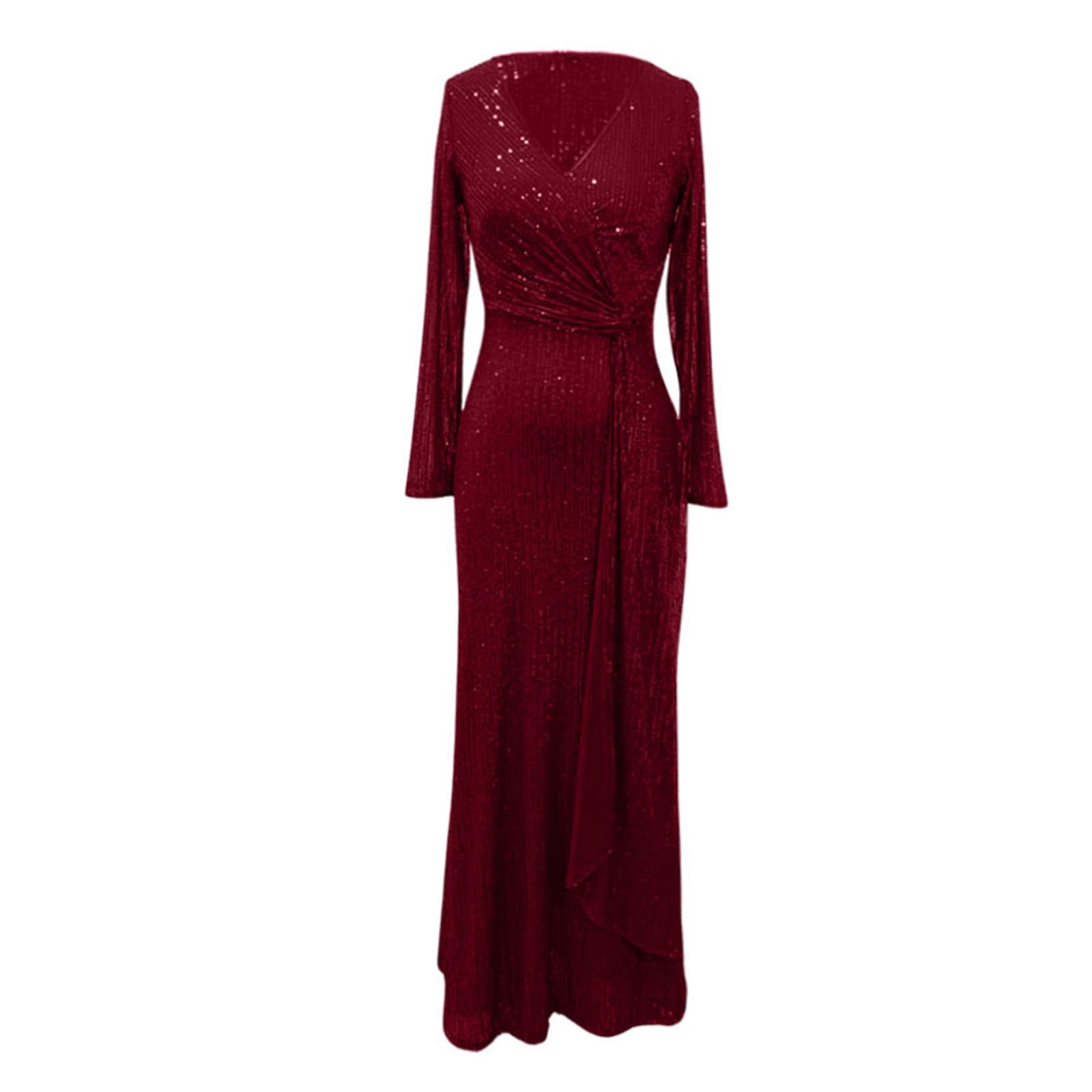 Robe de soirée élégante à Manches Longues en Paillettes de Couleur Unie pour Femmes Robe Portefeuille Midi Décontractée