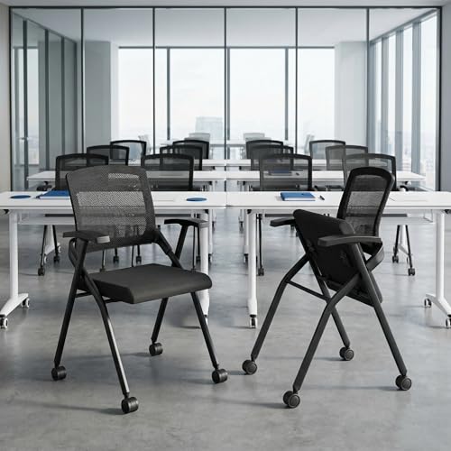 Image of Folding Office Chair with Wheel,Conference Room Chairs with Smooth Armrest-Mesh Back,Rolling Stackable Foldable Desk Chair for Guest Reception Meeting Classroom Training Seminar (8, Black)
