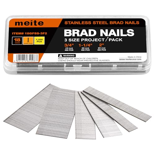 meite 18 Gauge Stainless Steel Brad Nails Assorted 3 Sizes (19 mm 32 mm 50 mm 400 Per Size) 1200-Count 18GA Brad Nails for Pneumatic & Electric Brad Nailers Finish Nails for Multi-Project Use