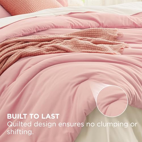 Image of Bedsure Queen Comforter Set - 7 Pieces Pink Queen Bedding Set for All Seasons, Boho Contrasting Design Bed in a Bag with Comforter, Sheets, Pillowcases & Shams