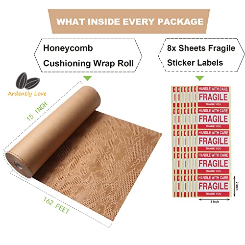 Ardently Love Honeycomb Packing Paper, 15" X 162' With 40 Fragile Sticker Labels,Perfect For Moving And Shipping,Void Filling,Premium Quality Protective Cushioning Paper,Eco-Friendly Biodegradable #TOP1