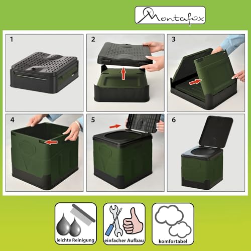 Montafox Faltbare Campingtoilette max 150 kg Mobile Toilette WC Klapptoilette Trockentrenntoilette 12 Toilettenbeuteln, Farbe: grün/schwarz