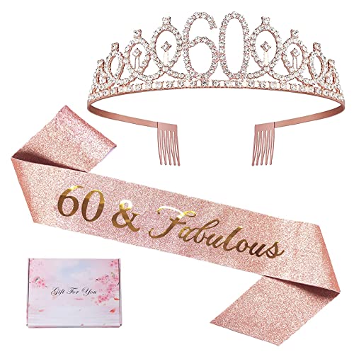 60th Birthday Sash and Tiara for Women, 60th Birthday Gifts for Women 60th Birthday Decorations Women Rose Gold 60th Birthday Crown and "60 & Fabulous" Sash Set 60 Birthday Decorations for Women