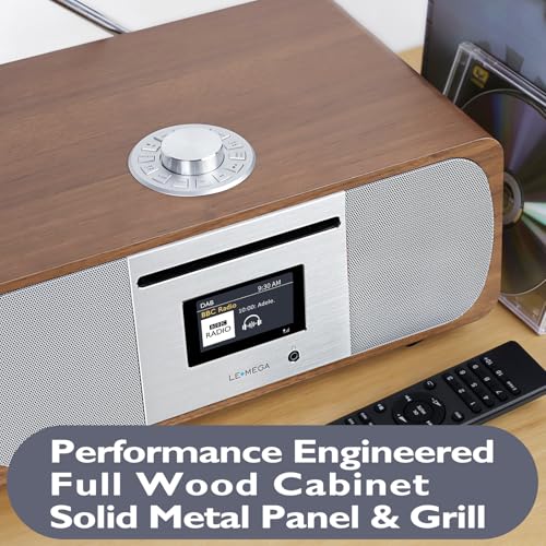 Image of LEMEGA M6P CD Player, FM, Bluetooth, Powerful HiFi, Subwoofer, Walnut | 2.8in colour display, 40 presets, remote control, wooden cabinet, headphone jack, internal subwoofer, EQ modes, remote