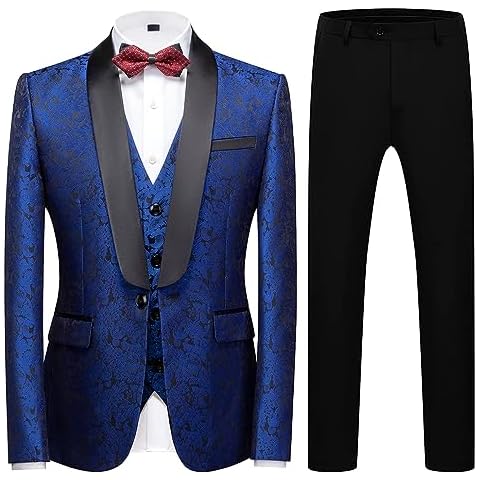 TRONSTORE Men's Suit Stylish 3 Piece Tuxedo One Button Paisley Jacket Vest Pants Dinner Party Prom Blue XL Cover