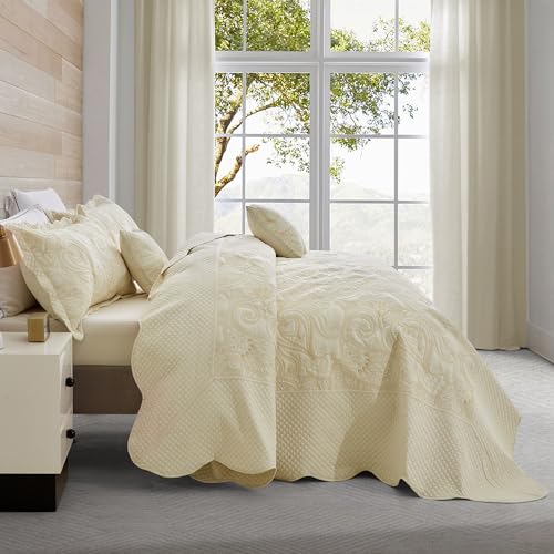 Image of Oversized King Bedspread, Stitched Paisley Quilt Set King /Cal King, Lightweight Reversible Coverlet, Scalloped Edge - Warm Elegant Classic Look, 5 Piece, Ivory Yellow