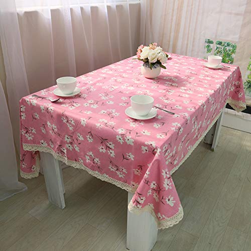 Nappe de table fleurie en coton lin avec dentelle rose finition premium - 3