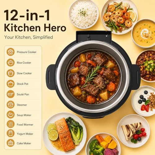 Image of Fullwill 8QT Electric Pressure Cooker, 12-in-1, Ceramic Nonstick Pot, Saute, 1200W Fast Cook, Slow Cook, Steam, Yogurt, Rice Cooker, for Family Meals, 1200W,Silver