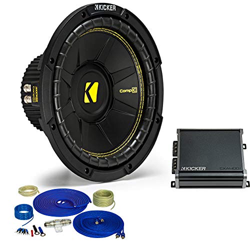Kicker 10 Inch Bass Bundle - A 44CWCD104 Subwoofer with CXA4001 and amp Wire kit