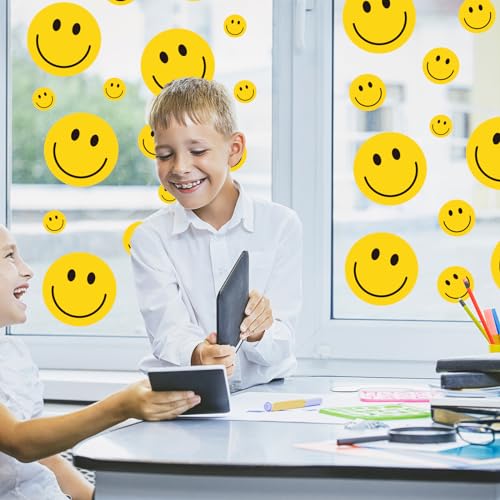 Image of Whaline 9 Sheets Happy Smile Face Window Clings Cute Yellow Happy Face Window Decal Double-Sided Cartoon Glass Stickers Reusable for Home School Office Nursery Decor