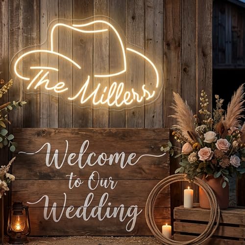 Image of Custom Cowboy Hat Neon Sign for Western Decor | Rodeo party, ranch, home bar, wedding, last name light, dimmable LED, rustic wall accent, personalized gift