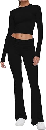 AnotherChill Womens Long Sleeve Top Foldover Flare Pants Lounge Set | 2 piece cropped shirt and slim flare trousers comfy loungewear, soft modal casual matching sets, travel airport outfits
