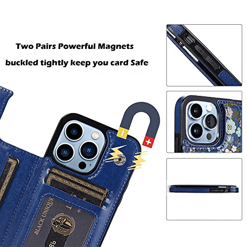 Image of uCOLOR Compatible with iPhone 13 Pro Wallet Case with Card Holder Slots Marble Flip Leather RFID Kickstand Phone Wallet Cover for Women and Girls 6.1 inch (Navy Flowers, iPhone 13 Pro 6.1 inch)
