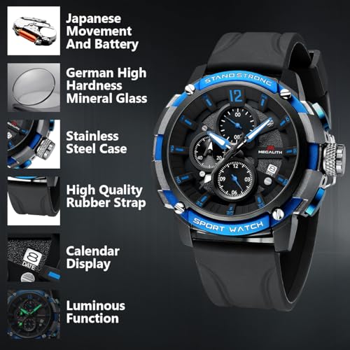 Image of MEGALITH Heavy Duty Watches for Men: Sport Military Analog Wrist Watch | 1 /10 Sec Chronograph, Large Face, Silicone, Waterproof Luminous, Black Everyday Watch, Work Outdoor,Gifts for Husband Father