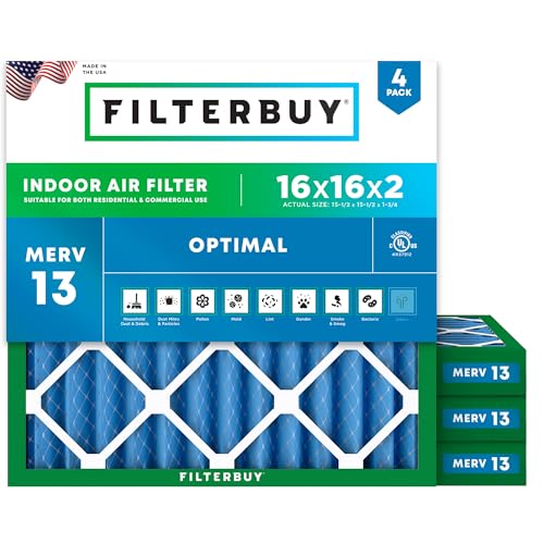 Filterbuy 16x16x2 Air Filter MERV 13 Optimal Smoke & Allergy Defense (4-Pack) Electrostatic Pleated HVAC AC Furnace Filters Replacement Made in USA (Actual Size: 15.50 x 15.50 x 1.75)