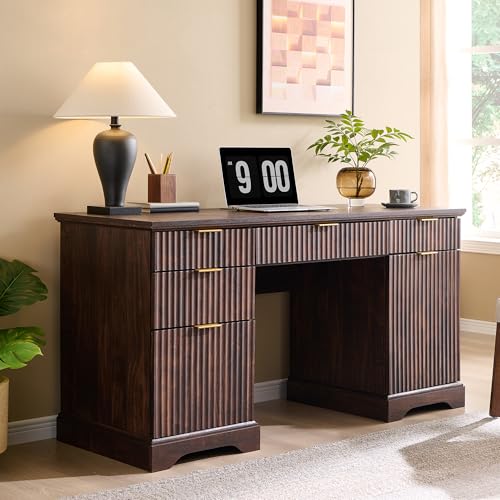Image of 58 inch Modern Wood Executive Desk with 5 Drawers & 1 Cabinet, Built‑in Outlet | Fluted Computer Writing Desk for Study, Living Room, Bedroom, Dark Walnut