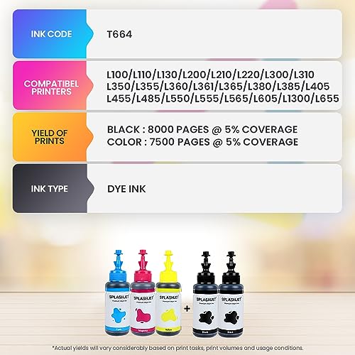 Splashjet T664 Compatible Refill Dye Ink for Epson L130, L360, L380, L361, L565, L210, L220, L310, L350, L355, L365, L385, L405, L455, L485, L605,... - Image 3