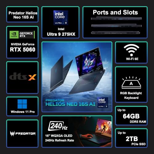 Image of Acer Predator Helios Neo 16S AI Gaming Laptop 16 inch 2560x1600 OLED 240Hz 100% DCI-P3 Intel 24-core Ultra 9 275HX 32GB DDR5 1TB SSD GeForce RTX 5060 GDDR7 (Up to 572 AI TOPS) RGB Backlit Win11Pro ICP Hub