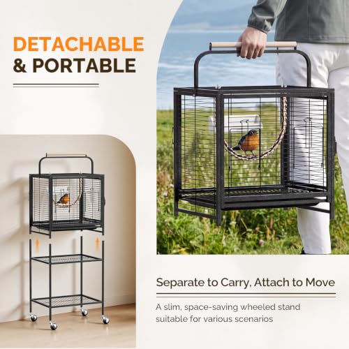 Image of VINGLI Small Bird Cage with Rolling Stang, 52 inch Wrought Iron Parakeet Cage with Wooden Perch and Storage Shelves for Parrot Lovebirds Finches Small /Medium Birds (Black with Stand)