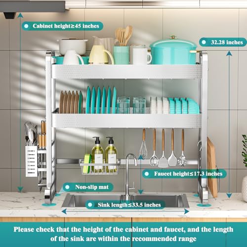Image of HOWDIA 3-Tier Over The Sink Dish Drying Rack, 304 Stainless Steel Dish Rack with Honeycomb Design, Cutlery Holder & Chopping Board Rack, 33.86 inch x 11.81 inch x 33.07 inch for Maximum Kitchen Storage