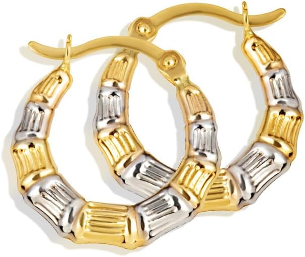 14K Two-Tone White and Yellow Gold Striped & Ribbed Reversible Hoop Earrings for Women