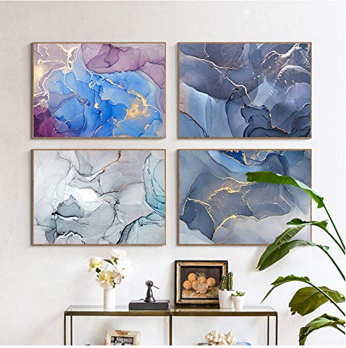 Toile peinture abstrait moderne bleu or 60x80cm grand tableau décoration murale maison 4pcs
