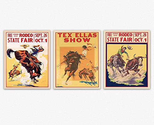 Image of Cowboy Wall Art Posters Set of 3 - Wild West Rodeo Room Decor - Pendleton Round Up Decor Retro Home Decor - Vintage Western Decor for Home Bar & Office Decor - Ideal Cowboy & Cowgirl Gifts (8x10)