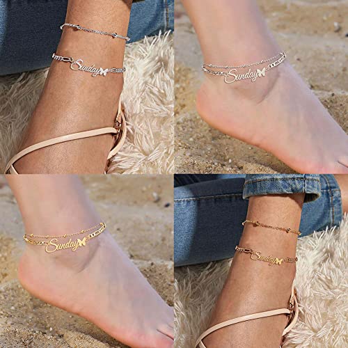 Jecivila Personalized Name Anklet Bracelet For Women Silver Layered Beaded Butterfly Anklet Adjustable Custom Initial Anklet Summer Beach Jewelry Gift For Women Girls #TOP4