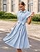 Damen Sommer Kurzarm Reverskragen Knöpfen Taillengürtel Kleid Elegant A-Linie Midi Blusenkleid mit Taschen Himmelblau XXL