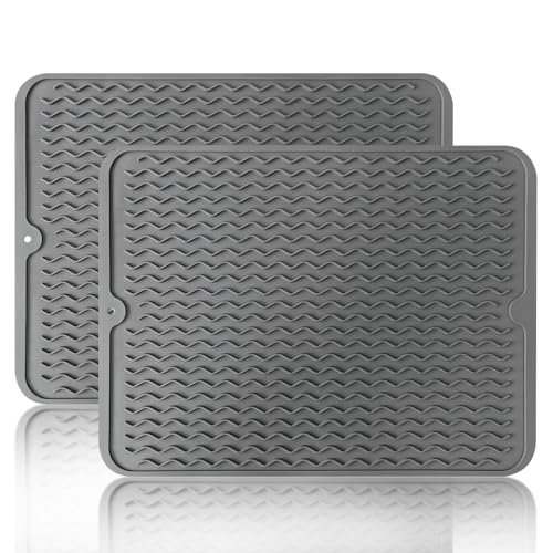 Image of Xisakaca 2 Pack Silicone Dish Drying Mat, Heat-resistant Kitchen Counter Mat for Sink, Refrigerator, Drawer, Dish Drying Pad for Dishes, Utensils, Pots, Pans, 15.72"x11.79", Grey