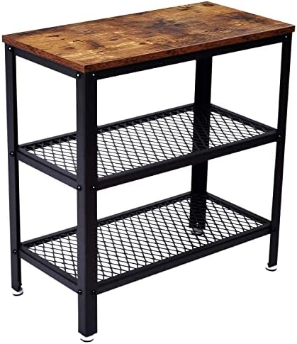 ALPIKA 3-Tier Retro Side Table, Console Table with Storage Rack, Narrow Nightstand for Small Spaces, Mesh Shelf for Living Room, Bedroom, Entryway, Kitchen Storage Table,Easy Assembly, Rustic Brown