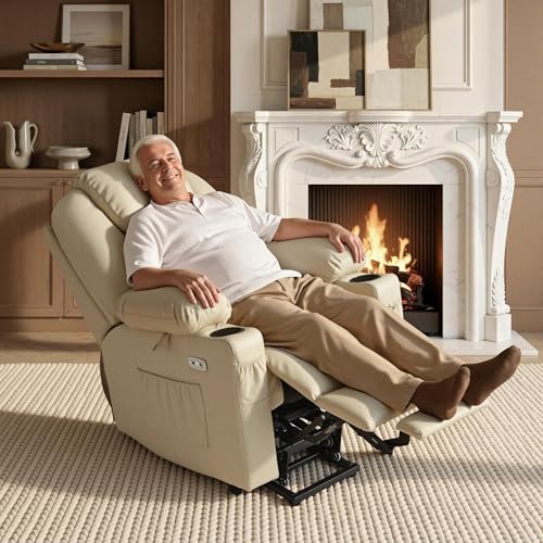 MCombo Large Power Lift Recliner Chair with Massage and Heat for Tall Elderly People, 3 Positions, Cup Holders, and USB Ports, Faux Leather 7516 (Large, Cream White) - Image 3