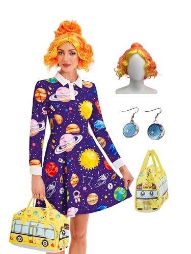 Leevuyu Women Halloween Costume Science Teacher Planet Dresses With Wig Bus Bag Earrings Purple Small